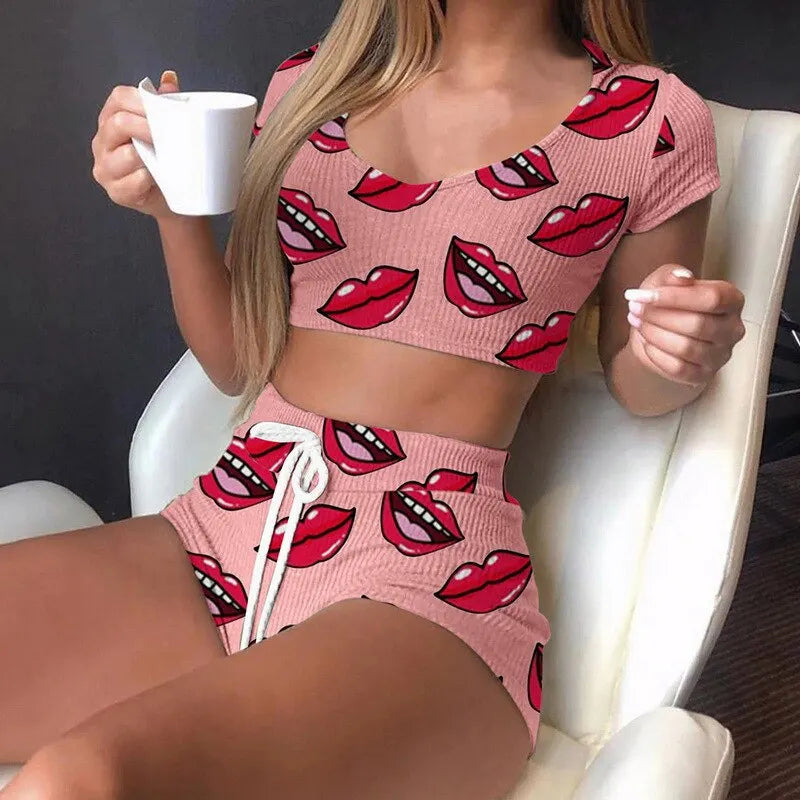 Short Sexy Sleepwear Pajamas 2pcs Top+Pants