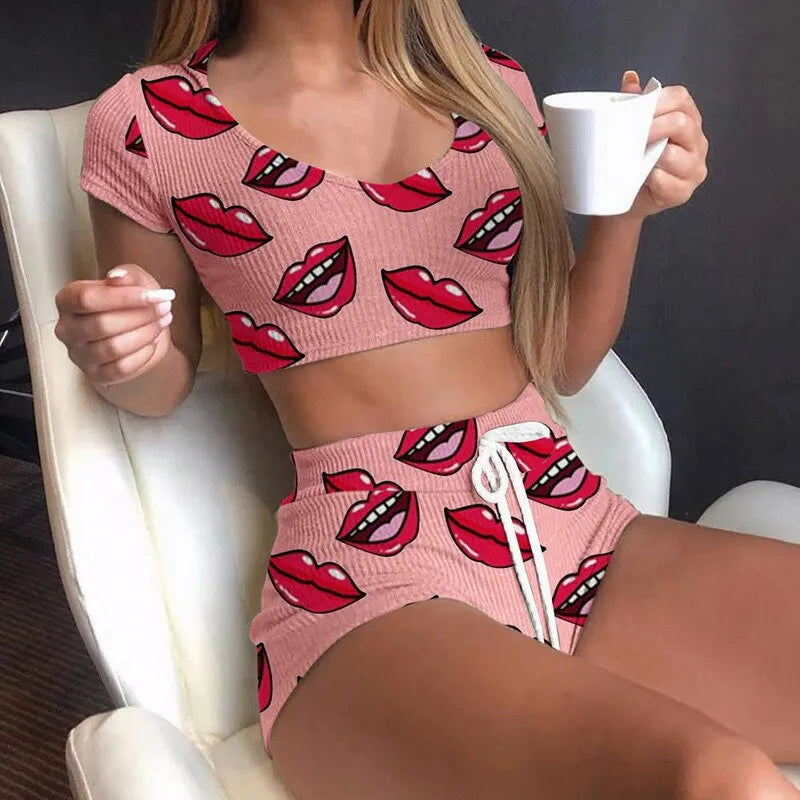 Short Sexy Sleepwear Pajamas 2pcs Top+Pants